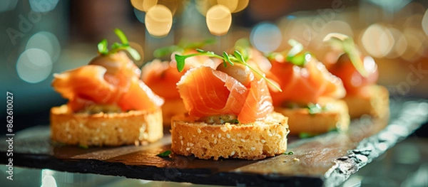Fototapeta Canapes with smoked salmon and cornbread