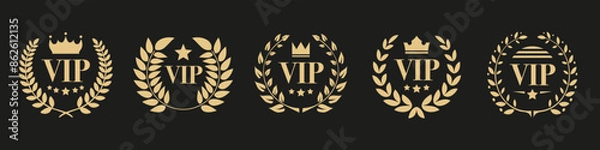 Fototapeta VIP label collection with laurel wreath, crown and stars. Luxury VIP emblem icons. Set of VIP user and premium member pass