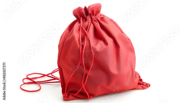 Fototapeta One red drawstring bag isolated on white background