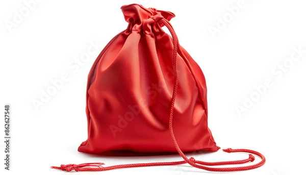 Fototapeta One red drawstring bag isolated on white background