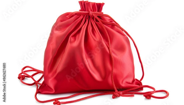 Fototapeta One red drawstring bag isolated on white background