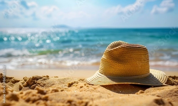 Fototapeta Straw hat on sandy beach, Generative AI 