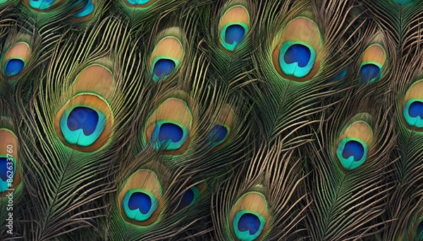 Obraz Closeup of colorful peacock feathers with intricate patterns. Peacock feathers texture.  Nature background.  Animal texture.