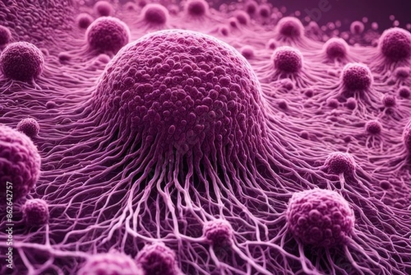 Obraz An abstract depiction of bacteria and viruses in various intricate shapes and surface structures, set against a mysterious background, AI-generated 