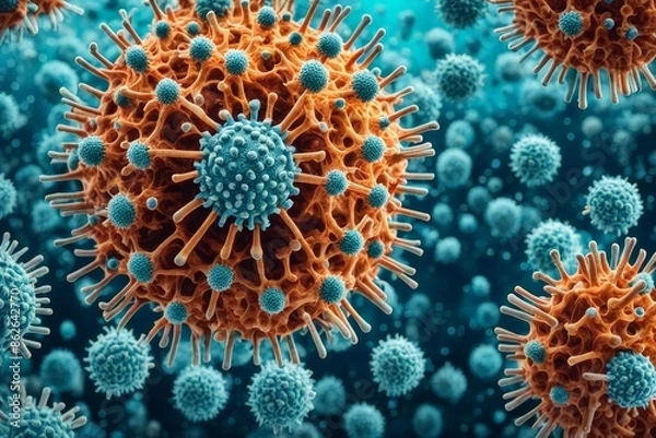 Obraz An abstract depiction of bacteria and viruses in various intricate shapes and surface structures, set against a mysterious background, AI-generated 