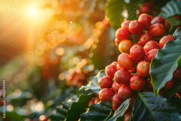 Fototapeta Coffee on tree arabicas raw and ripe coffee bean in field and sunlight