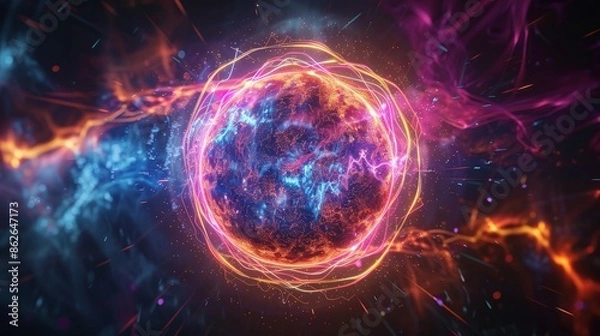 Obraz Neon Energy Sphere Surrounded by Dynamic Particles