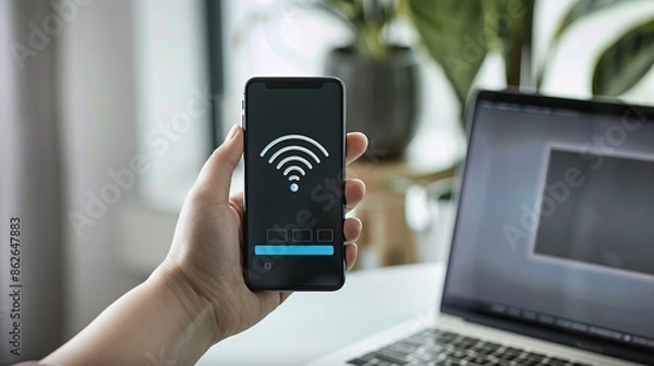 Fototapeta Hand holding smartphone with wifi connection symbol, in a modern home office setting. Capturing everyday tech use in contemporary life. Clear focus on the mobile device. AI