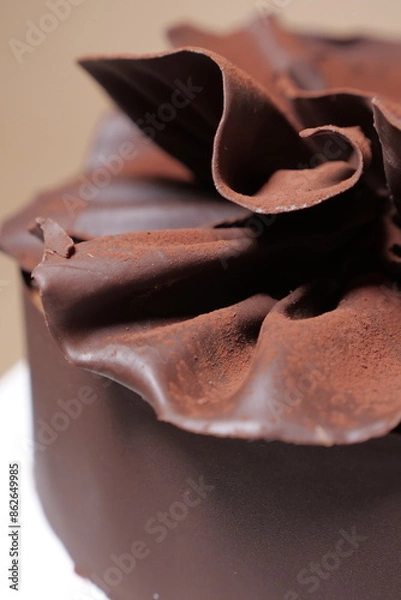 Obraz extremely chocolate cake with flower chocolate decor. pastry art. sponge cake and chocolate cream ganache. modern pastry. european dessert. chocolate art