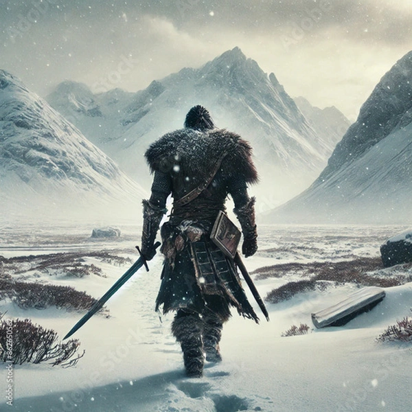 Fototapeta A warrior walking in the snow