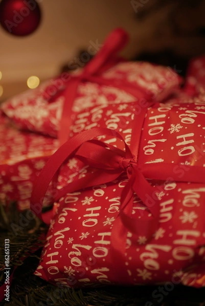 Fototapeta christmas and new year holidays. magical atmosphere. packaging and ribbons for gifts. beautiful boxes and things are packed under the Christmas tree.