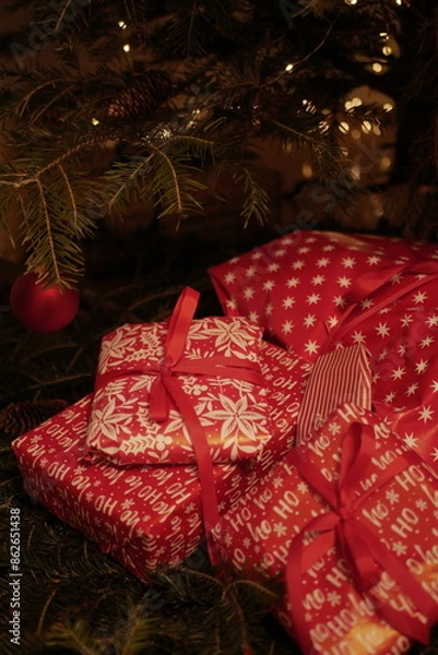 Obraz christmas and new year holidays. magical atmosphere. packaging and ribbons for gifts. beautiful boxes and things are packed in wrapping paper under the Christmas tree. christmas lights
