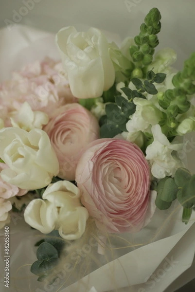 Fototapeta girly, cute, tender, beautiful bouquet. green, white and pink flowers. tulip, ranunculus, hydrangea, eucalyptus branches