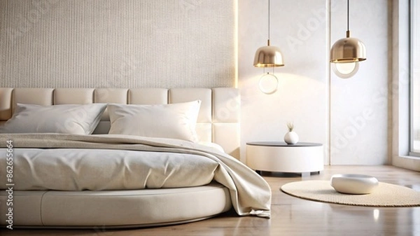 Fototapeta Elegant Minimalistic Bedroom with a Symmetrical Design. The bedroom exudes a sense of tranquility and simplicity, with a bed that features a white headboard and matching bedding. 