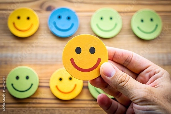 Fototapeta Hand choosing happy smile face paper cut, good feedback rating and positive customer review, mental health assessment, child wellness,world mental health day, think positive, compliment day concept