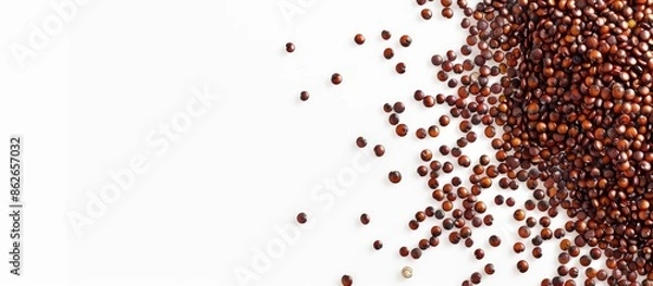 Fototapeta Red quinoa seeds forming an ellipse shape against a white background, leaving space for text or images. Copy space image. Place for adding text and design