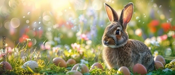 Obraz Happy easter bunny in easter meadow with eggs and copy space