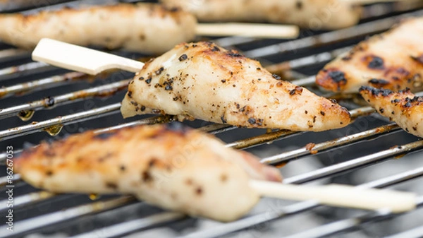 Fototapeta Chicken Satay - Char-grilled spicy mini chicken fillet skewers on a barbecue.