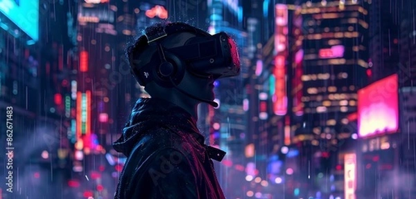 Fototapeta A man wearing a VR headset and dark jacket stands against a blurred cyberpunk city background, depicting the concept of virtual reality technology and future lifestyles