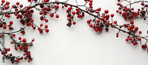 Fototapeta A Christmas tree branch adorned with red berries and ornaments against a white backdrop, perfect for a copy space image.