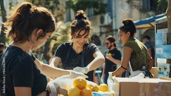 Fototapeta Volunteers distributing food and essentials to people in need, showing compassion and community support in an outdoor setting