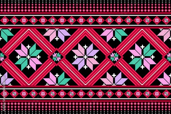 Fototapeta Karen ethnic,embroidery seed adornment on black and red palettes traditional colorful striped pattern ,ethnic pattern,ikat weaving,textile,design for clothing, wrapping ,craft ,furnit,wallpaper