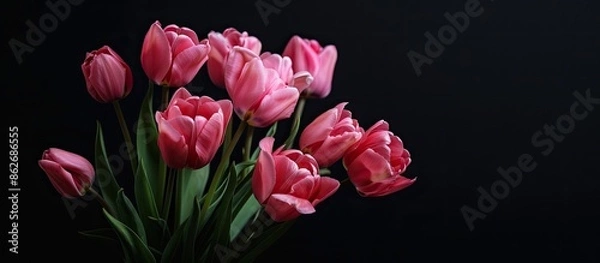 Fototapeta Pink tulips placed against a black backdrop create a lovely floral setting suitable for a postcard with copy space image.