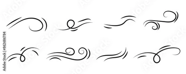 Fototapeta Doodle wind line sketch set. Hand drawn doodle wind motion, air blow, swirl elements. Sketch drawn air blow motion, smoke flow art, abstract line with background. 123.