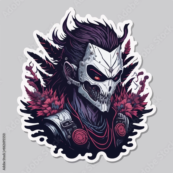 Fototapeta A hellish demon warrior logo: a ghostly figure with fiery eyes and menacing horns, wielding a blade. The ethereal form is shrouded in dark, swirling shadows.