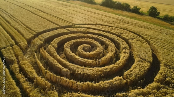Fototapeta Aerial view of an intricate geometric crop circle formation in a wheat field