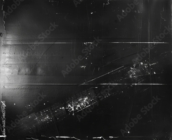 Fototapeta A black and white photo of an old film negative and some light scratches. Retro camera texture