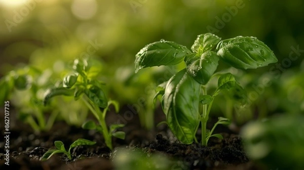 Fototapeta Close-up of basil plants growing in a garden bed