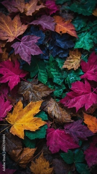 Fototapeta Vibrant collection of autumn leaves scattered on ground. Leaves display variety of colors, including shades of red, yellow, orange, green, brown, creating rich tapestry of fall foliage.