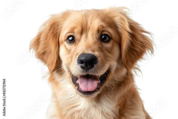 Fototapeta A happy golden retriever puppy with a soft, fluffy fur coat and a joyful expression against a white background.