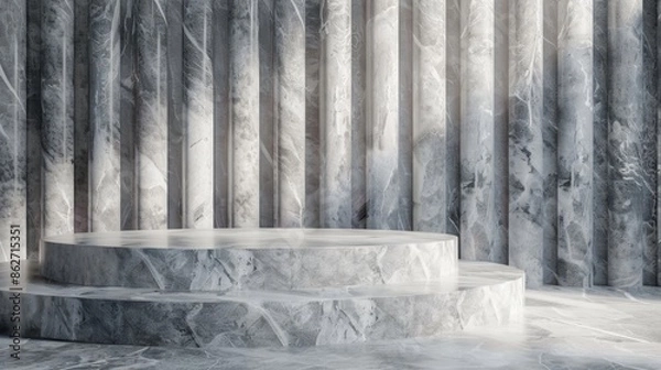Fototapeta Empty marble podium for product display on marble background. Realistic empty pedestal mockup for cosmetics advertising. Minimal beauty scene.