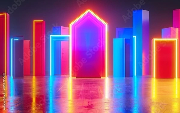 Fototapeta abstract neon lights cityscape with colorful glowing doors and reflecting floor.