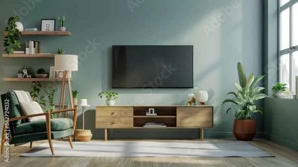 Fototapeta Pastel TV room with green armchair and decorative accessory. Generative AI