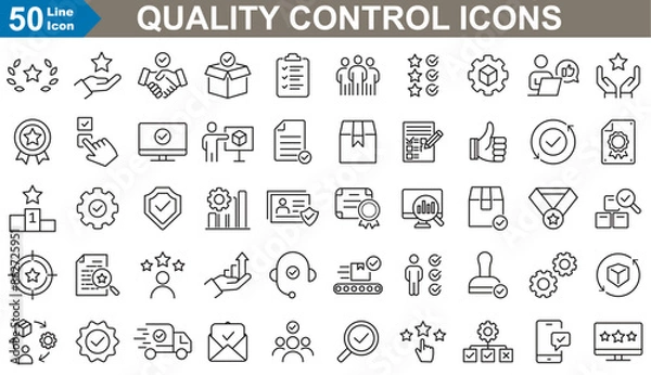 Fototapeta Quality control web icons set vector Illustration. thin line icons quality control, inspection, management, analysis, certification, standards and compliance.