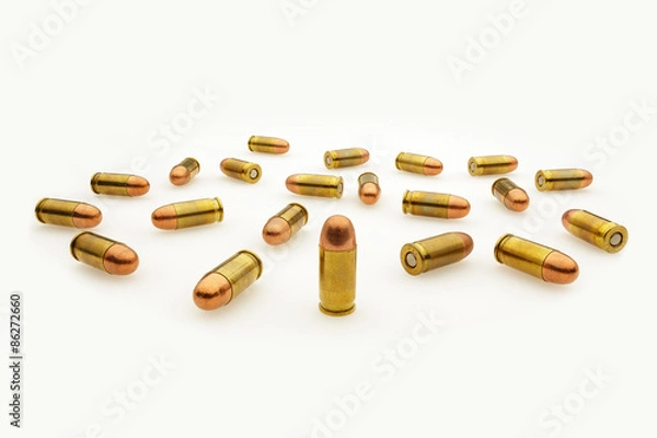 Obraz Automatic Pistol Bullets Isolated on White Wide Angle View