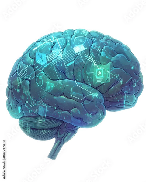 Fototapeta Isolated on white background, digital illustration of a human brain with circuit patterns, symbolizing artificial intelligence, technology, and cognitive science.