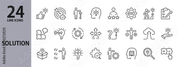 Obraz Solution line icons set with Goal, Puzzle, Lamp, Gear, Idea, Issue, Progress, Realization, Answer, Choice, Resolve, Think, Seek, Development, Find, Problem, Information and more. Editable Stroke