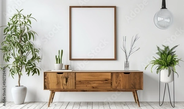 Fototapeta Bright dining room with a mockup frame on the buffet