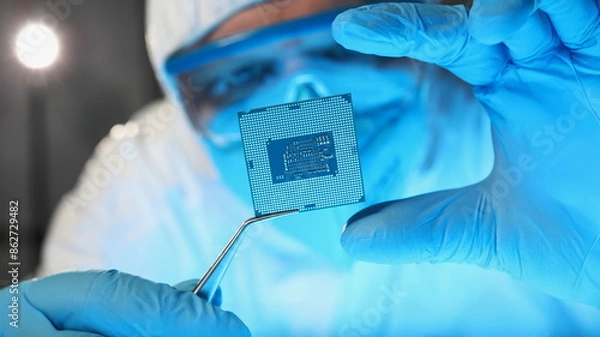 Fototapeta Scientist developer in protective suit holds microcircuit. New computer technology and development concept