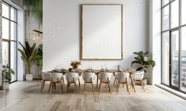 Fototapeta Elegant dining room with a blank canvas on the wall