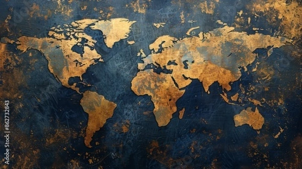 Fototapeta fancy and futuristic world map in brown and blue colors