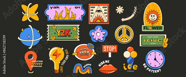 Obraz Bright trendy y2k sticker collection. Colorful label shapes with quote patch bundle. 90s funny comic elements.