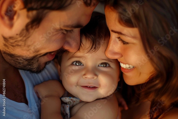 Fototapeta Happy full young family members with kids resting by the beach summer vacation time, Generative AI