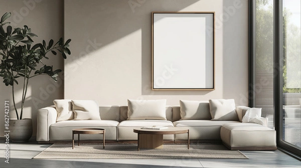 Obraz Frame mockup, ISO A paper size, featuring a minimalist living room with a stylish sofa and coffee table, modern interior design elements, and a large window letting in natural ligh