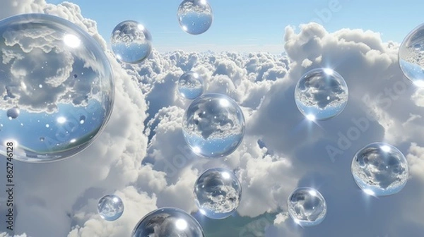 Obraz Cluster of Soap Bubbles Reflecting Clear Blue Sky and Puffy Clouds – Mesmerizing Aerial Photography with Sparkling Effect