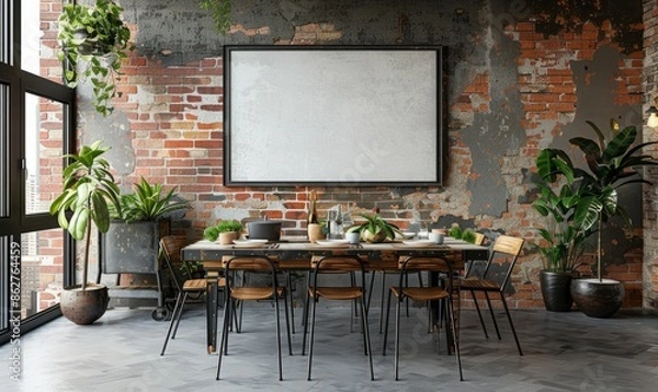 Fototapeta Industrial dining room with a mockup frame on the wall